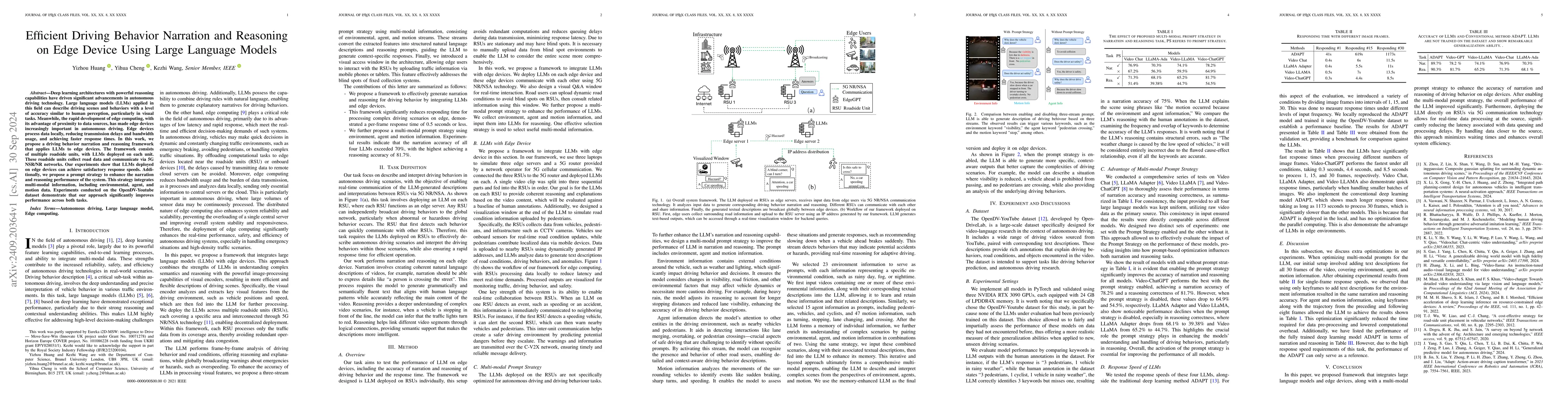Thumbnail for Efficient Driving Behavior Narration and Reasoning on Edge Device Using
  Large Language Models