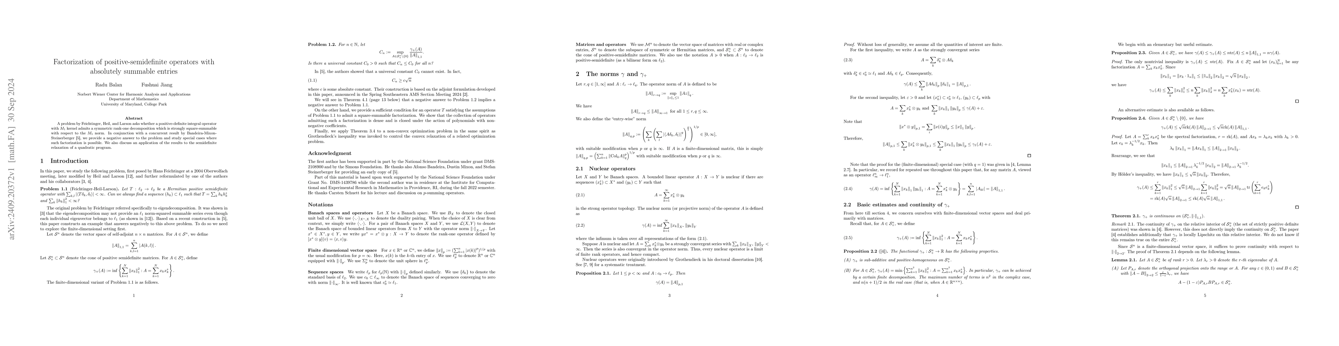 Thumbnail for Factorization of positive-semidefinite operators with absolutely
  summable entries