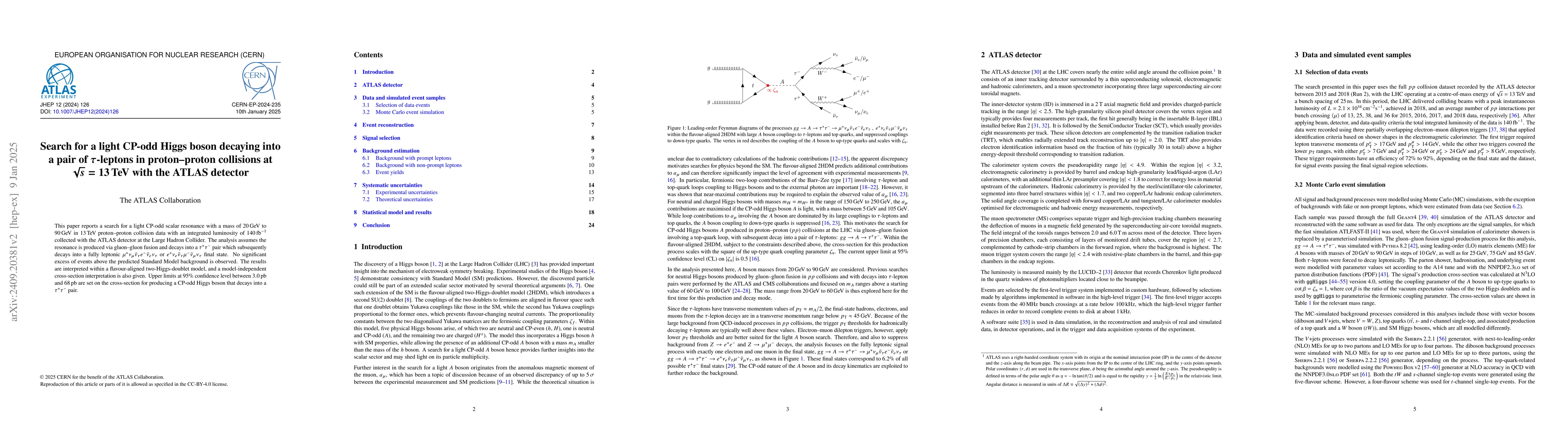 Thumbnail for Search for a light CP-odd Higgs boson decaying into a pair of
  $τ$-leptons in proton-proton collisions at $\sqrt{s} = 13$ TeV with the
  ATLAS detector