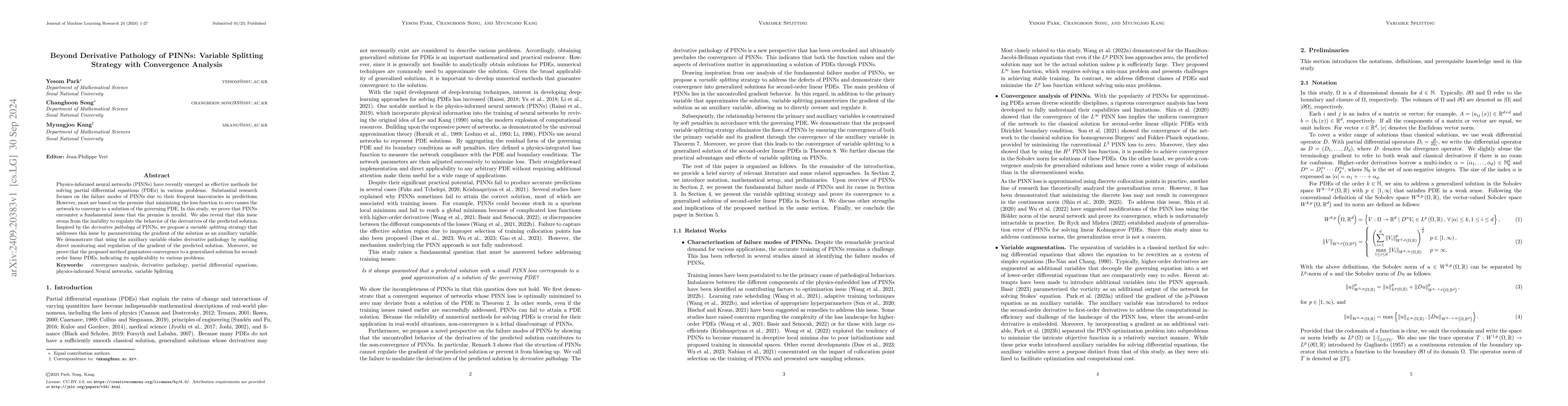 Thumbnail for Beyond Derivative Pathology of PINNs: Variable Splitting Strategy with
  Convergence Analysis