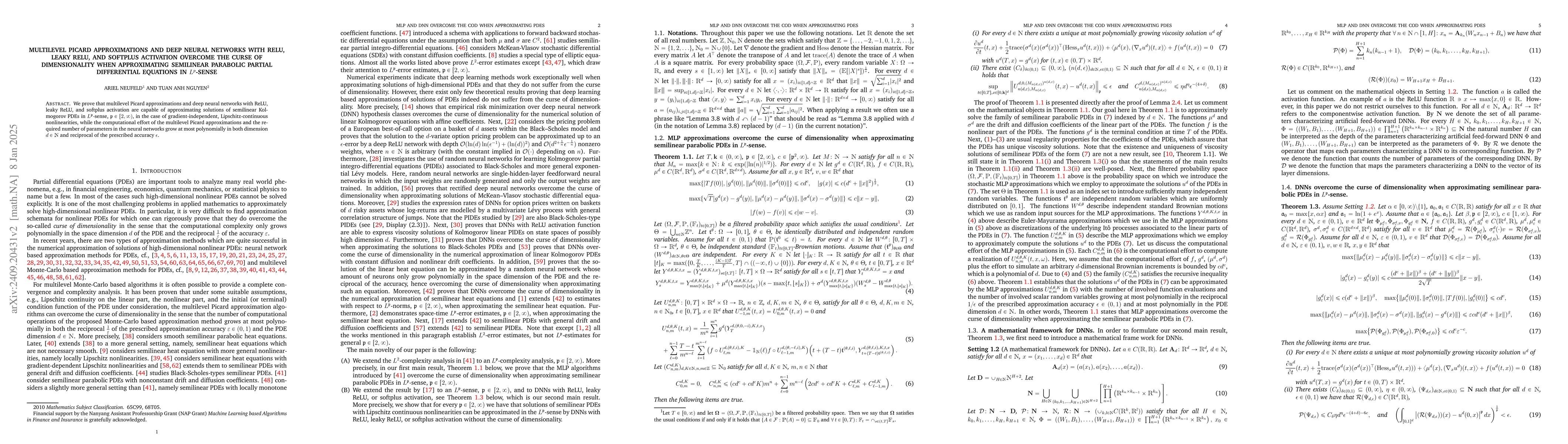 Thumbnail for Multilevel Picard approximations and deep neural networks with ReLU,
  leaky ReLU, and softplus activation overcome the curse of dimensionality when
  approximating semilinear parabolic partial differential equations in
  $L^p$-sense
