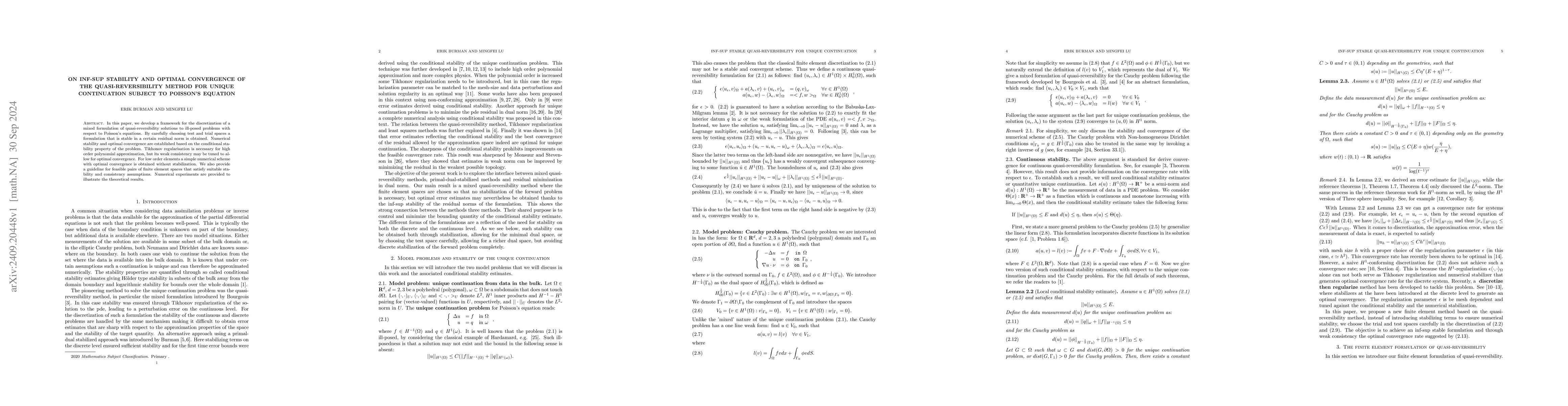 Thumbnail for On inf-sup stability and optimal convergence of the quasi-reversibility
  method for unique continuation subject to Poisson's equation