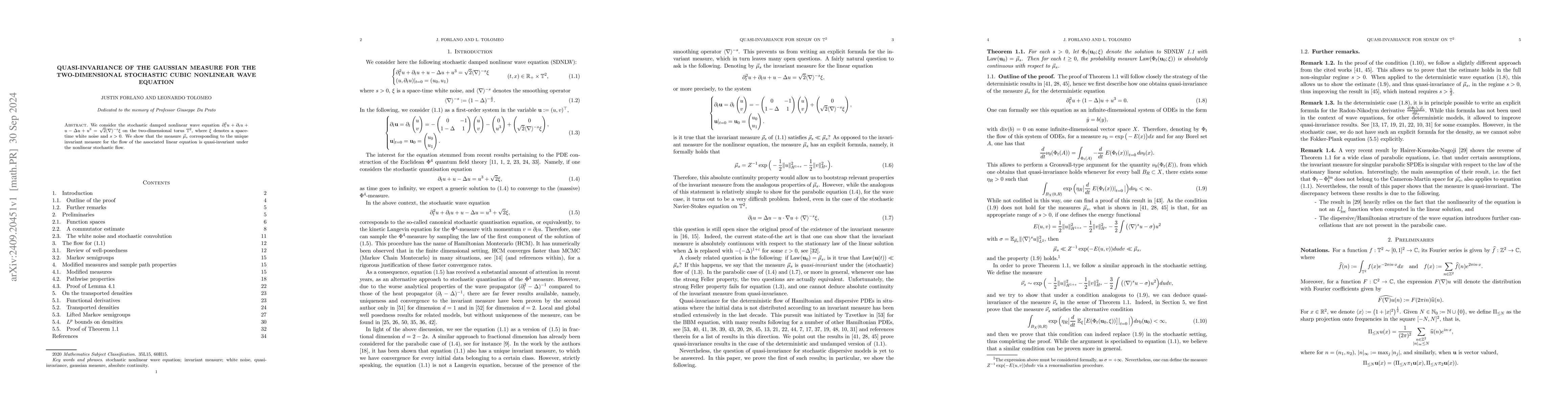 Thumbnail for Quasi-invariance of the Gaussian measure for the two-dimensional
  stochastic cubic nonlinear wave equation