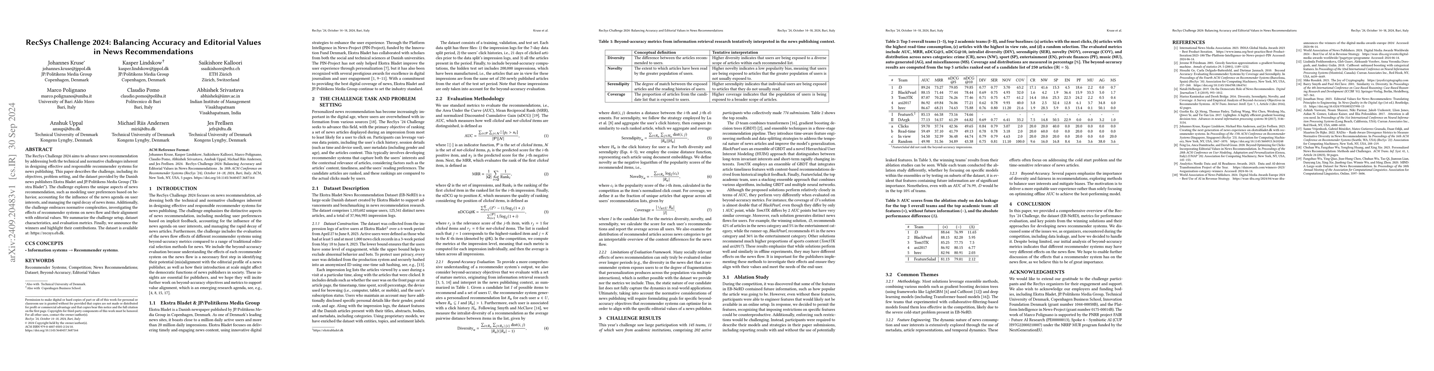 Thumbnail for RecSys Challenge 2024: Balancing Accuracy and Editorial Values in News
  Recommendations