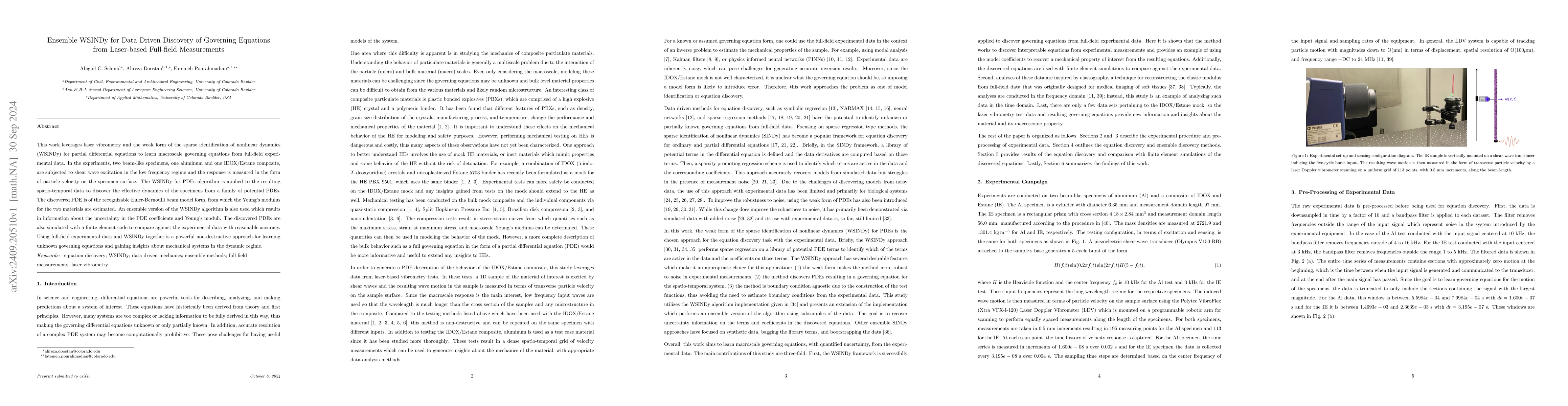 Thumbnail for Ensemble WSINDy for Data Driven Discovery of Governing Equations from
  Laser-based Full-field Measurements