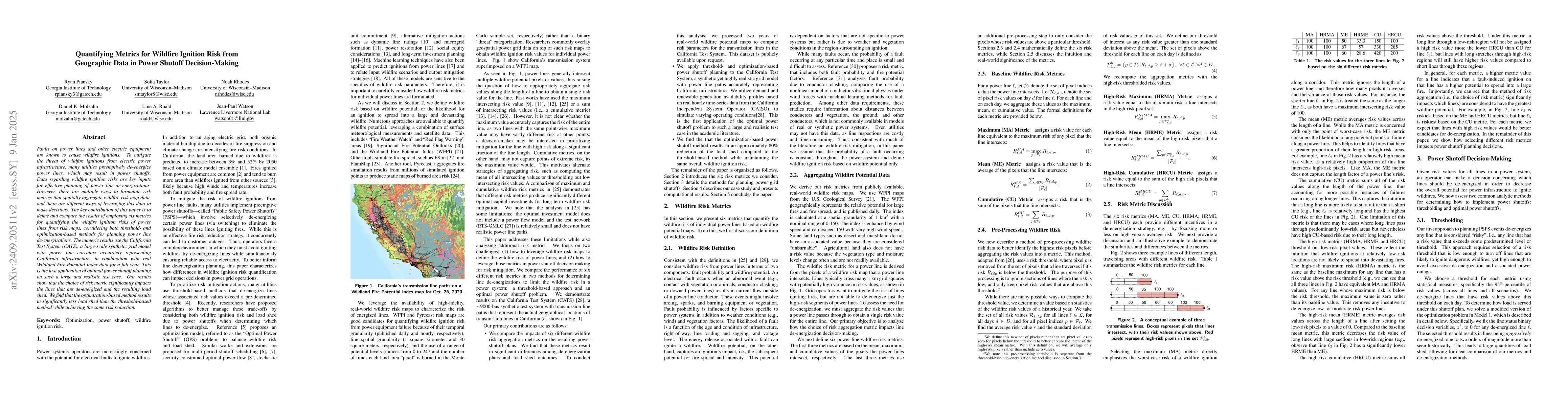 Thumbnail for Quantifying Metrics for Wildfire Ignition Risk from Geographic Data in
  Power Shutoff Decision-Making
