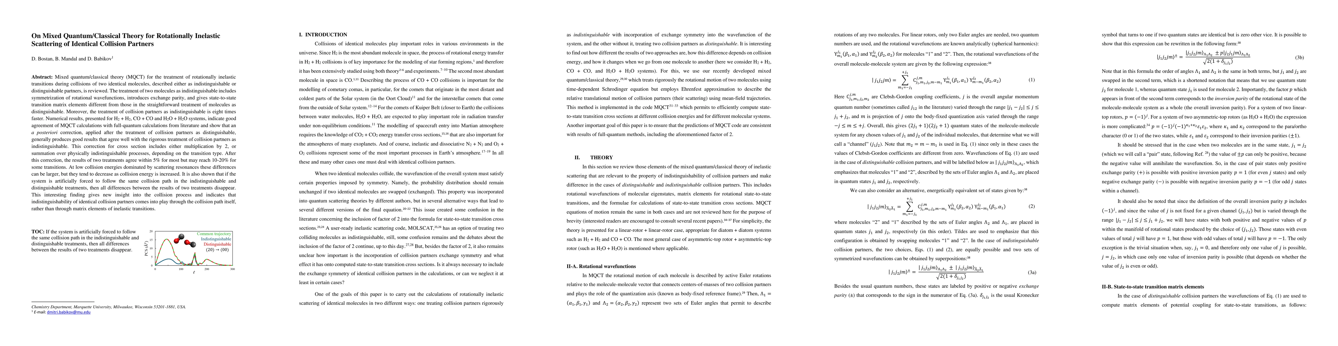 Thumbnail for On Mixed Quantum/Classical Theory for Rotationally Inelastic Scattering
  of Identical Collision Partners