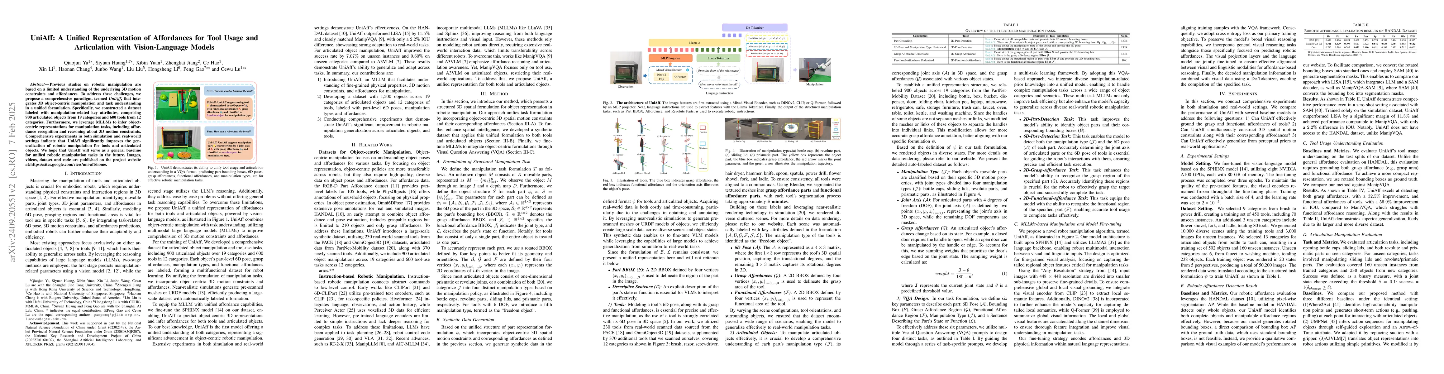 Thumbnail for UniAff: A Unified Representation of Affordances for Tool Usage and
  Articulation with Vision-Language Models