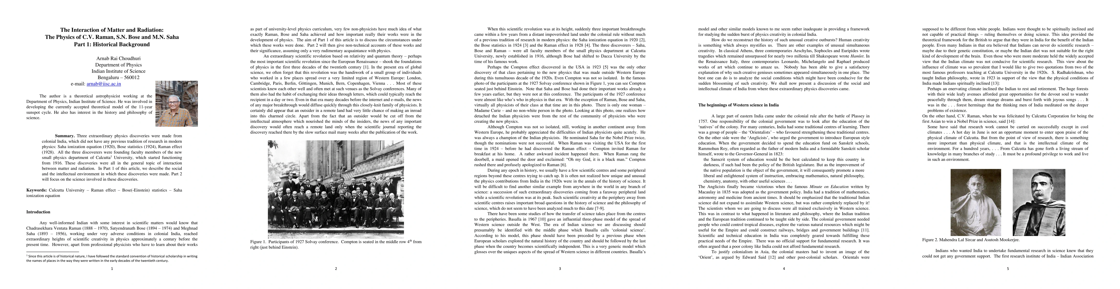 Thumbnail for The Interaction of Matter and Radiation: The Physics of C.V. Raman, S.N.
  Bose and M.N. Saha. Part 1: Historical Background