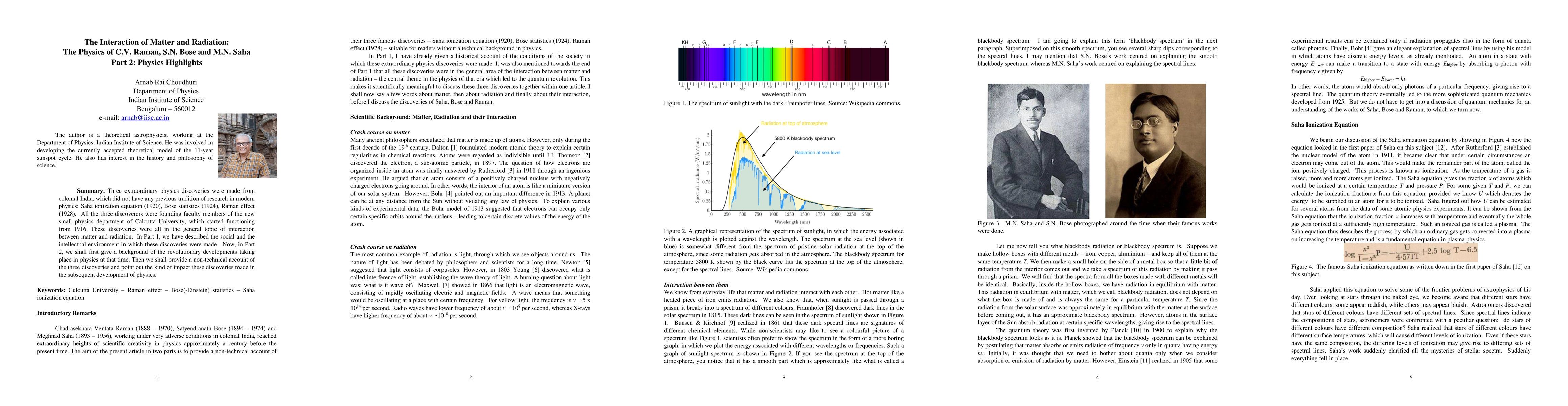 Thumbnail for The Interaction of Matter and Radiation: The Physics of C.V. Raman, S.N.
  Bose and M.N. Saha. Part 2: Physics Highlights