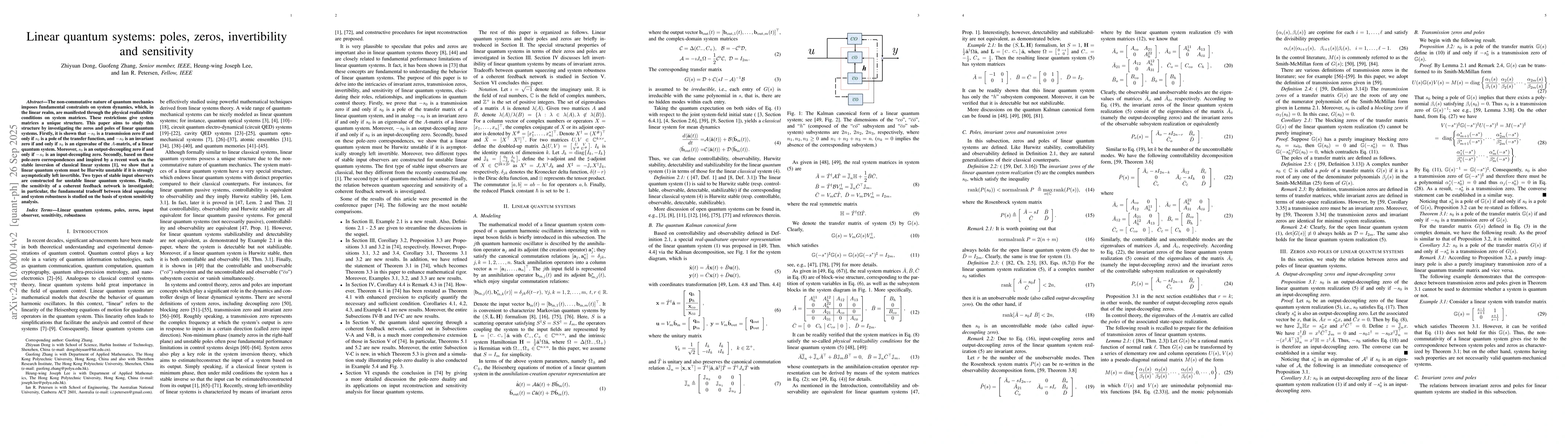 Thumbnail for Linear quantum systems: poles, zeros, invertibility and sensitivity