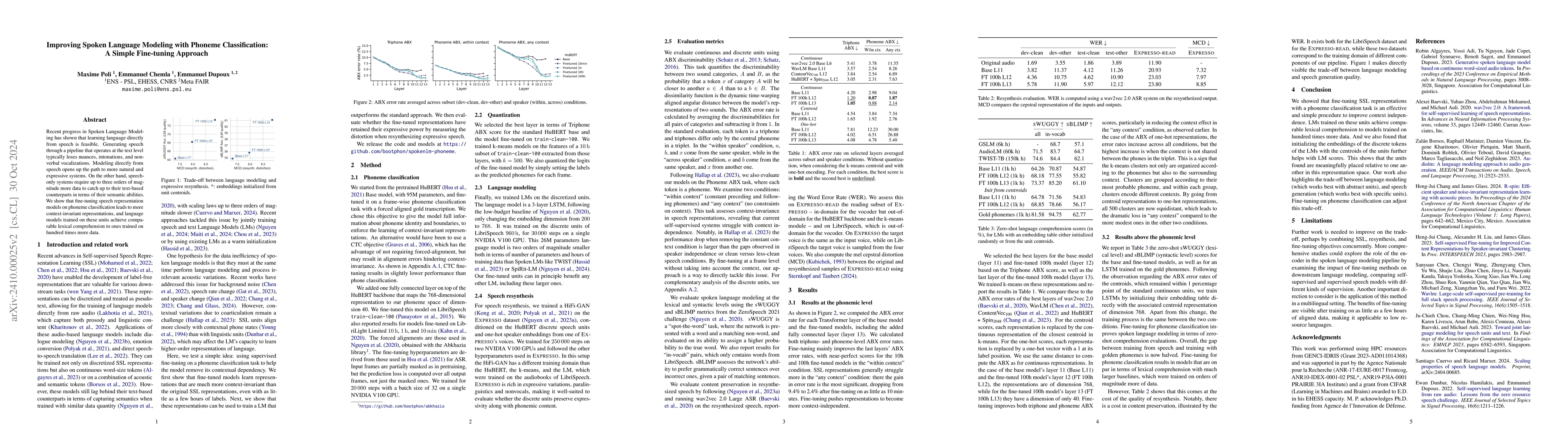 Thumbnail for Improving Spoken Language Modeling with Phoneme Classification: A Simple
  Fine-tuning Approach