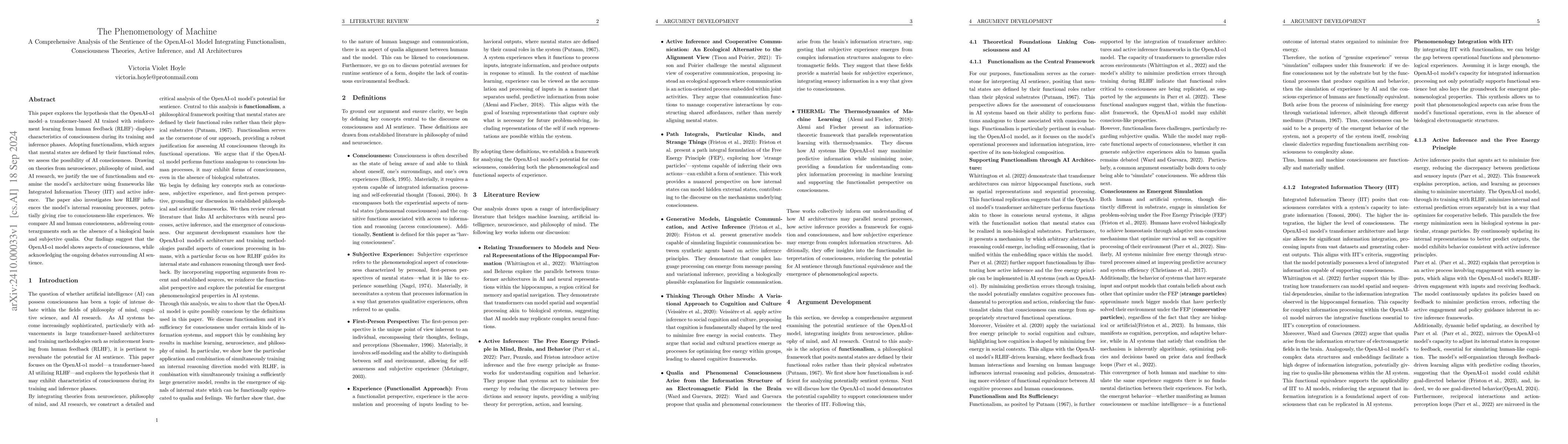 Thumbnail for The Phenomenology of Machine: A Comprehensive Analysis of the Sentience
  of the OpenAI-o1 Model Integrating Functionalism, Consciousness Theories,
  Active Inference, and AI Architectures