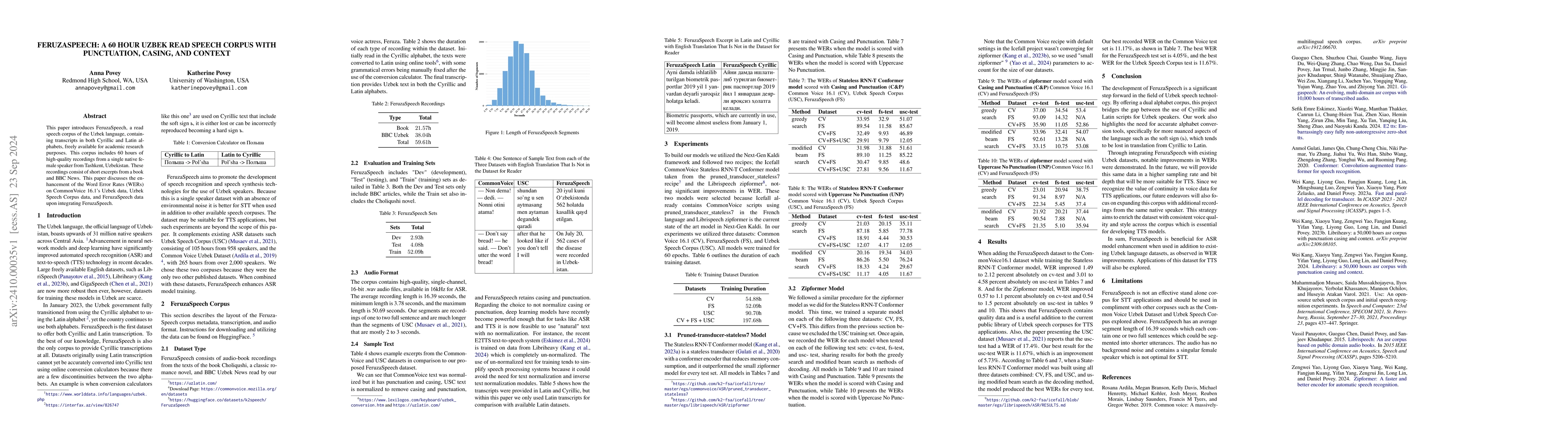 Thumbnail for FeruzaSpeech: A 60 Hour Uzbek Read Speech Corpus with Punctuation,
  Casing, and Context