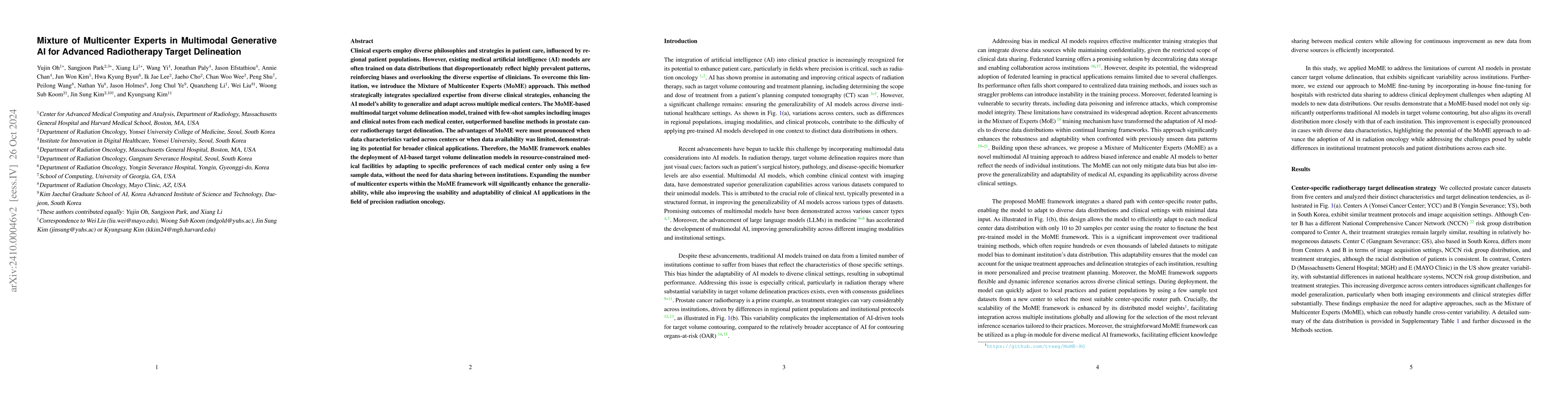 Thumbnail for Mixture of Multicenter Experts in Multimodal Generative AI for Advanced
  Radiotherapy Target Delineation