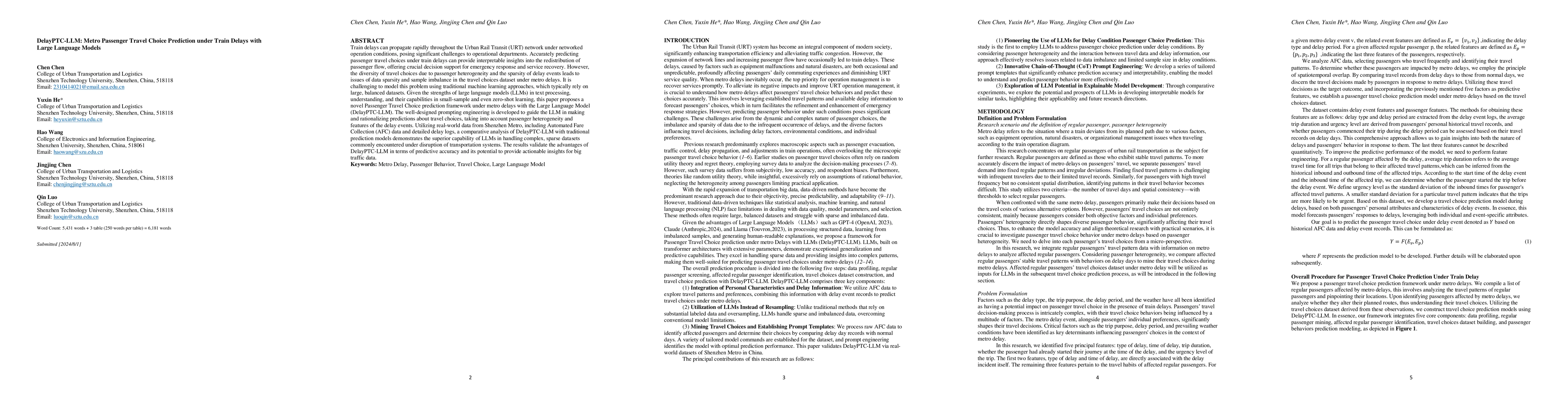 Thumbnail for DelayPTC-LLM: Metro Passenger Travel Choice Prediction under Train
  Delays with Large Language Models
