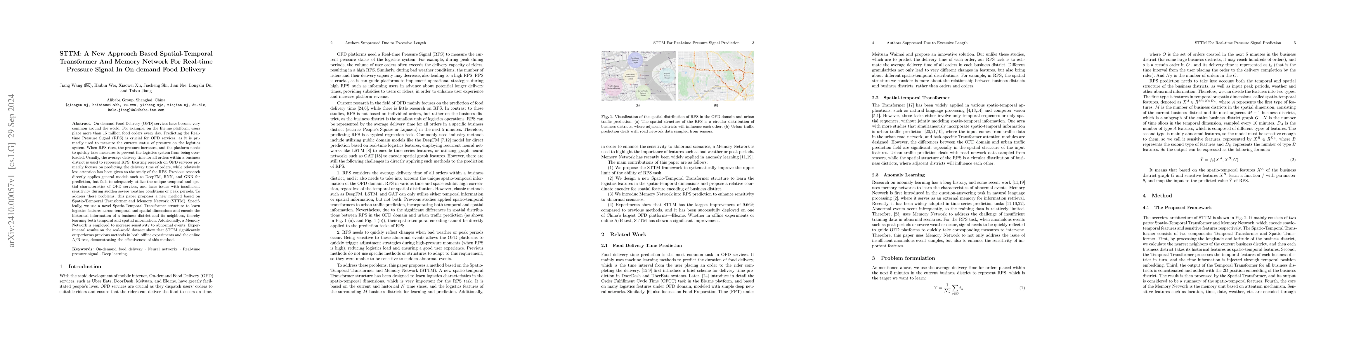 Thumbnail for STTM: A New Approach Based Spatial-Temporal Transformer And Memory
  Network For Real-time Pressure Signal In On-demand Food Delivery