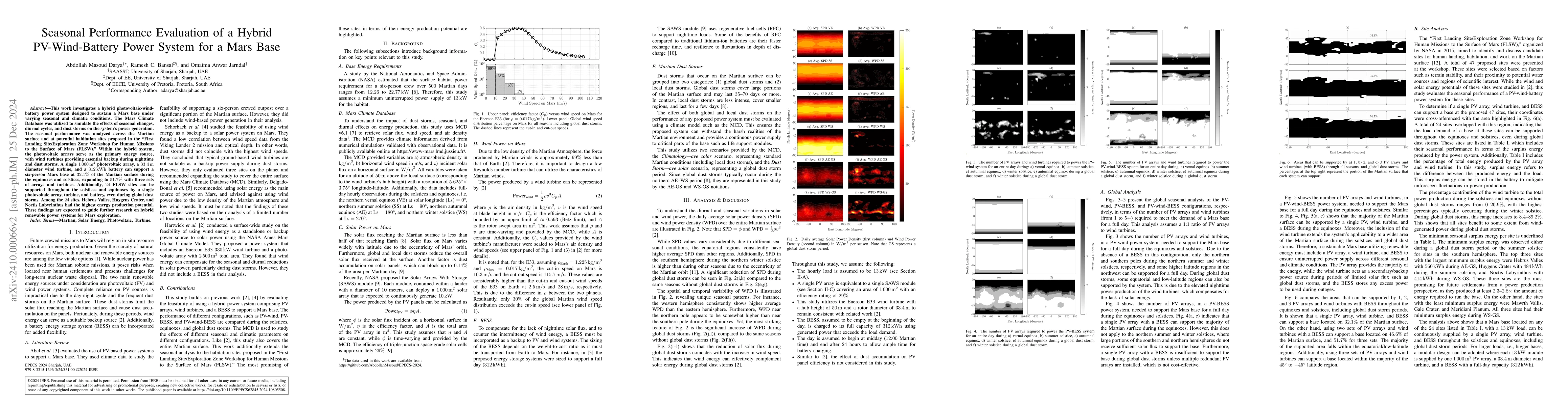 Thumbnail for Seasonal Performance Evaluation of a Hybrid PV-Wind-Battery Power System
  for a Mars Base