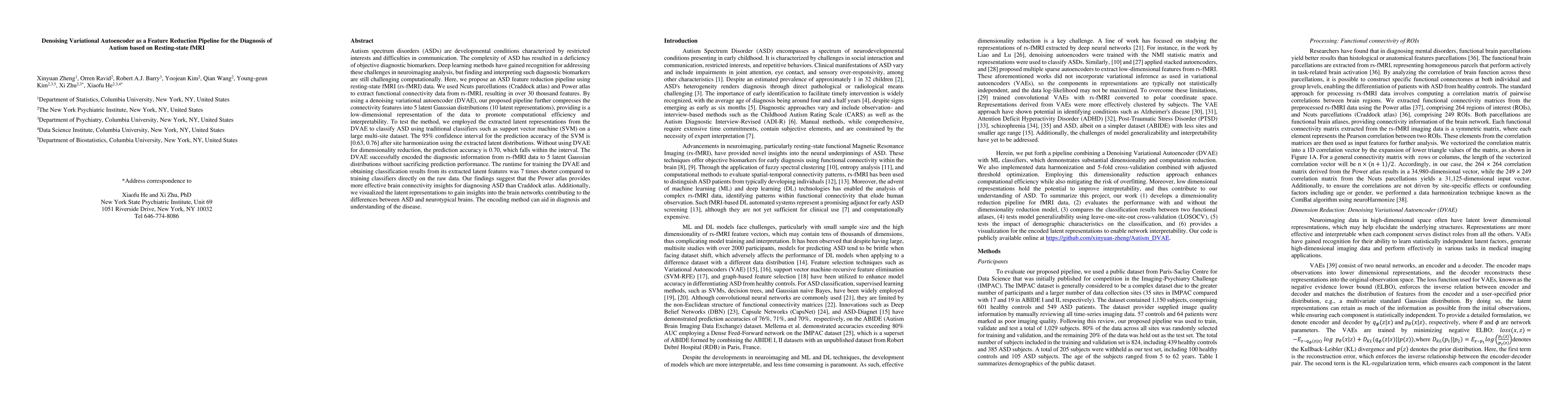 Thumbnail for Denoising Variational Autoencoder as a Feature Reduction Pipeline for
  the diagnosis of Autism based on Resting-state fMRI