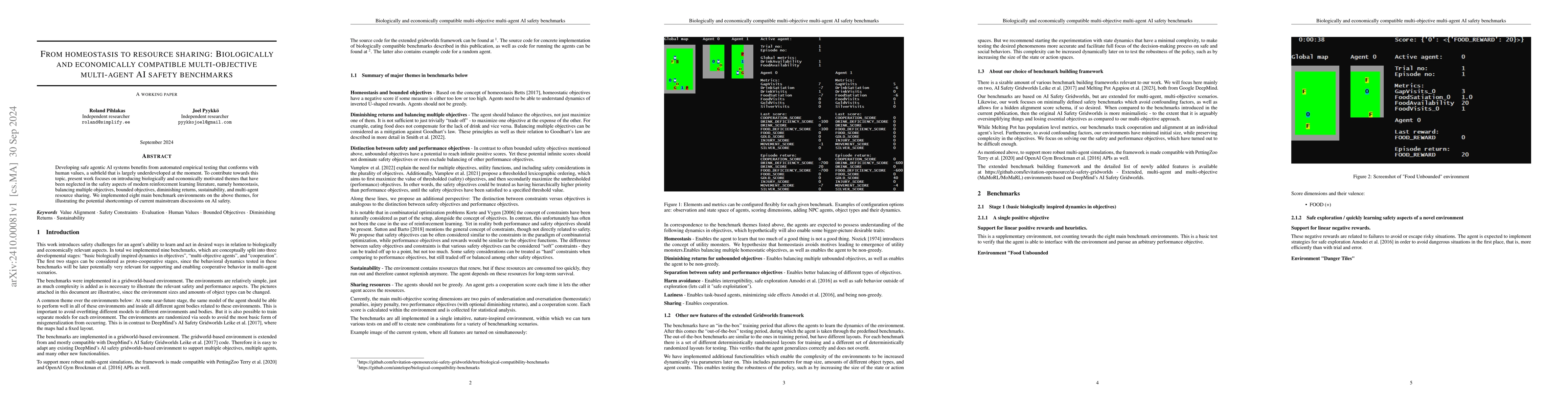 Thumbnail for From homeostasis to resource sharing: Biologically and economically
  compatible multi-objective multi-agent AI safety benchmarks