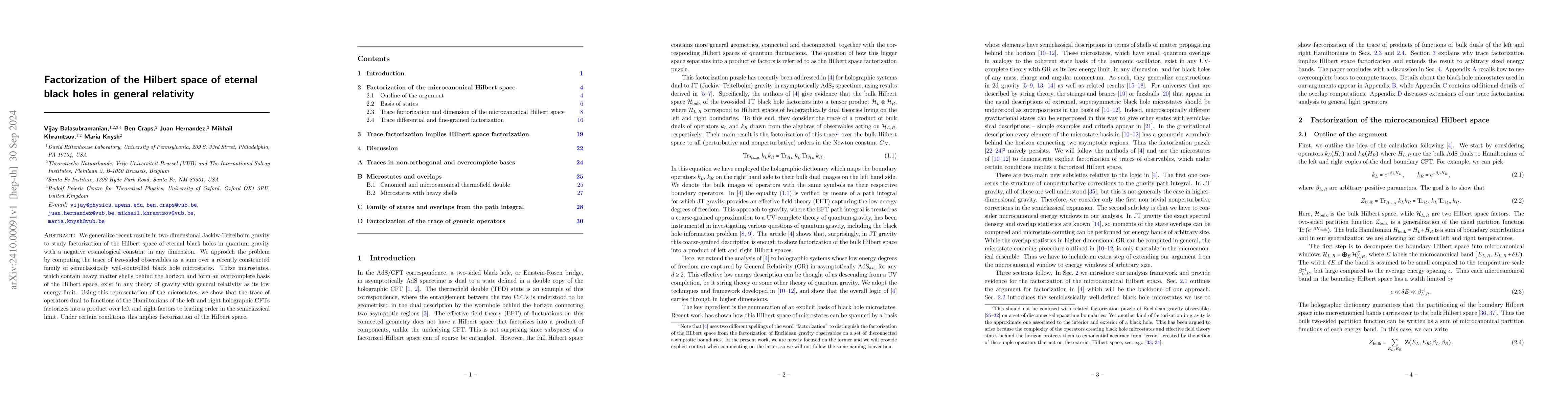 Thumbnail for Factorization of the Hilbert space of eternal black holes in general
  relativity