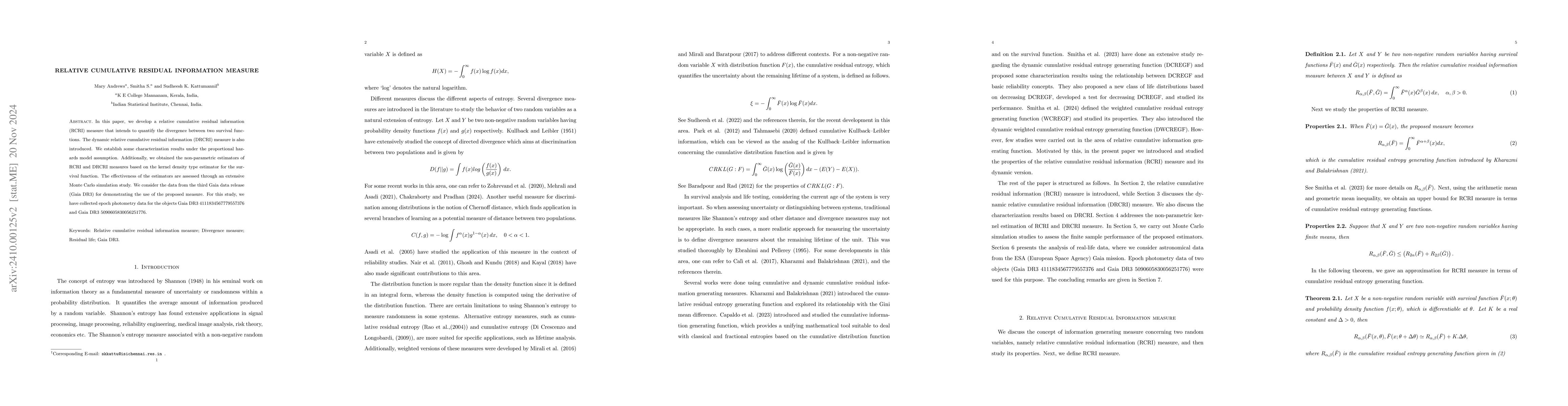 Thumbnail for Relative Cumulative Residual Information Measure