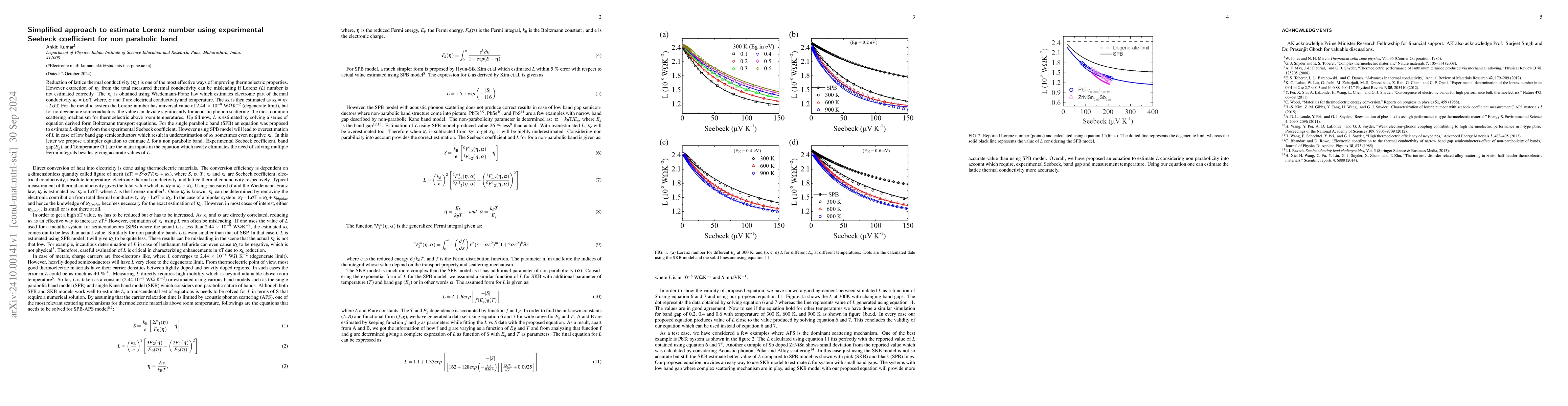 Thumbnail for Simplified approach to estimate Lorenz number using experimental Seebeck
  coefficient for non parabolic band