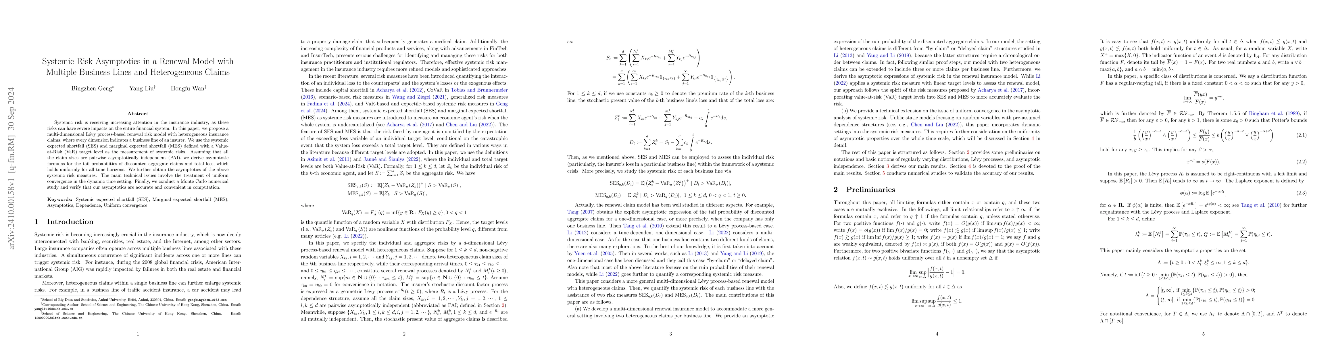 Thumbnail for Systemic Risk Asymptotics in a Renewal Model with Multiple Business
  Lines and Heterogeneous Claims