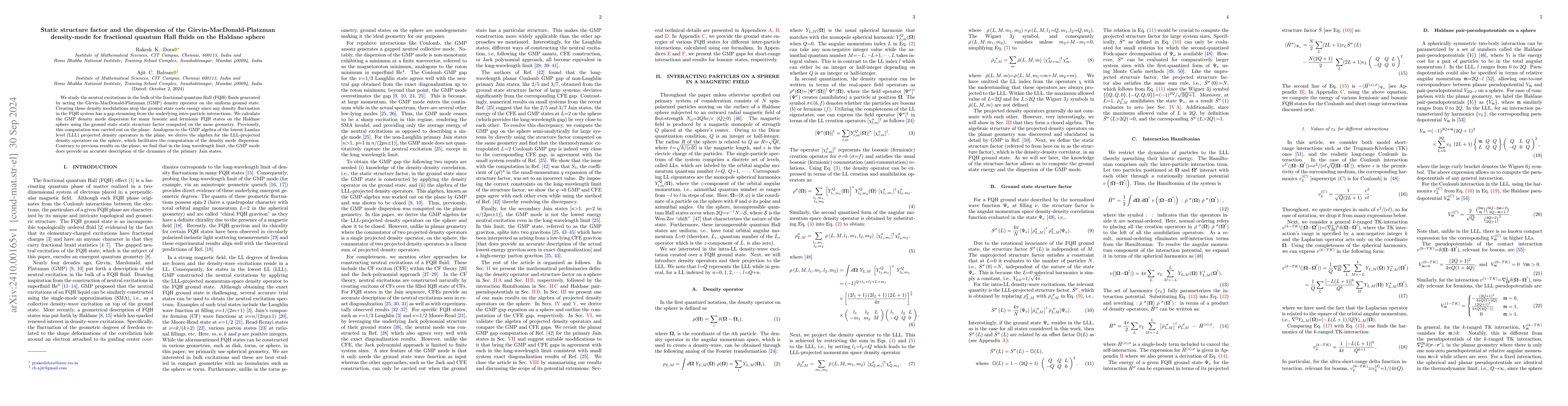 Thumbnail for Static structure factor and the dispersion of the
  Girvin-MacDonald-Platzman density-mode for fractional quantum Hall fluids on
  the Haldane sphere