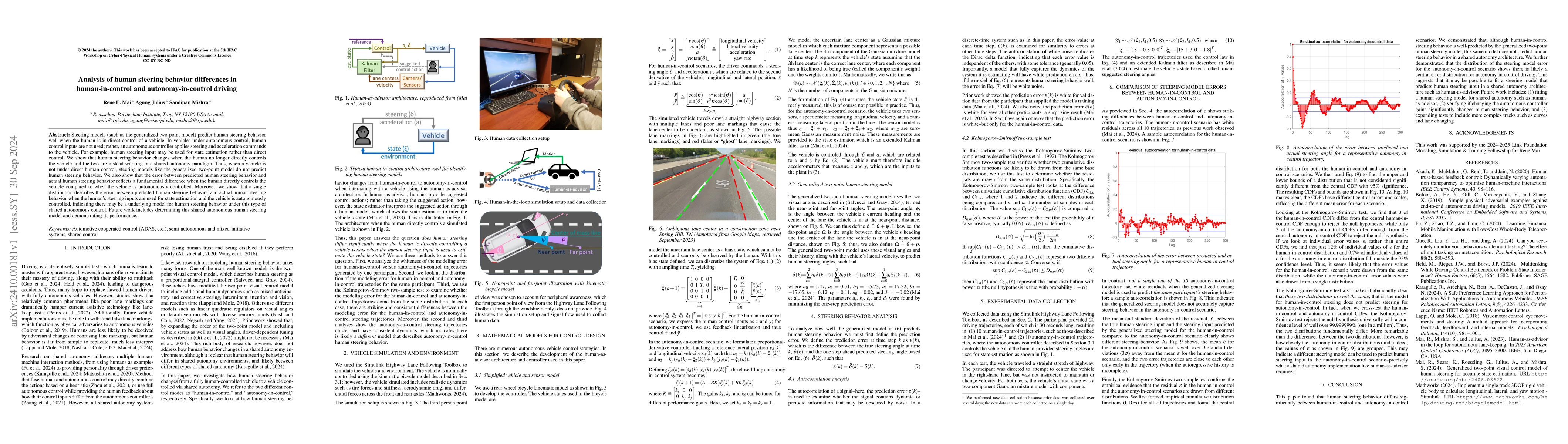 Thumbnail for Analysis of human steering behavior differences in human-in-control and
  autonomy-in-control driving