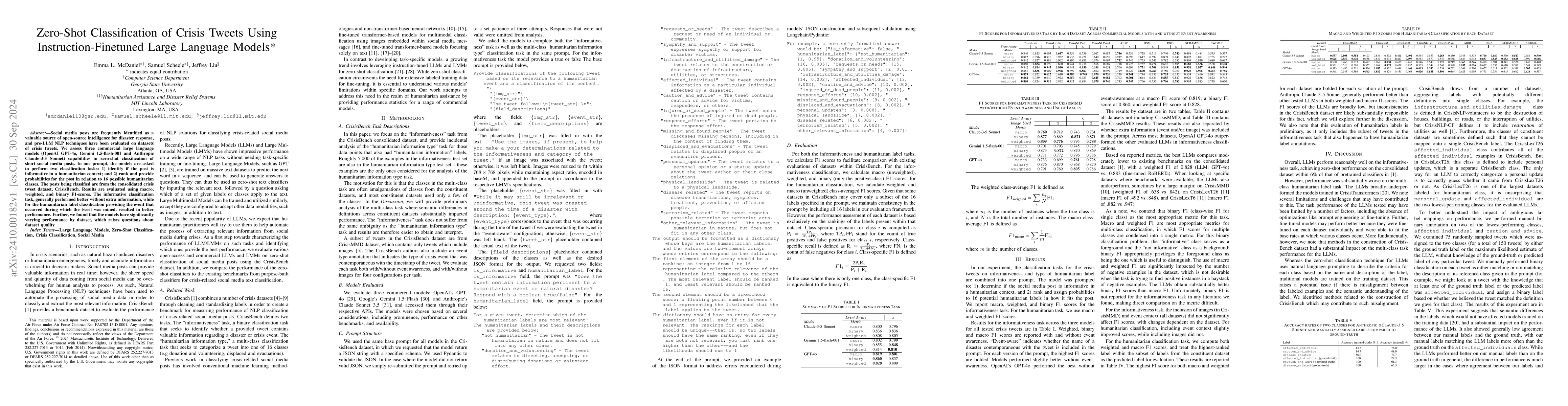 Thumbnail for Zero-Shot Classification of Crisis Tweets Using Instruction-Finetuned
  Large Language Models