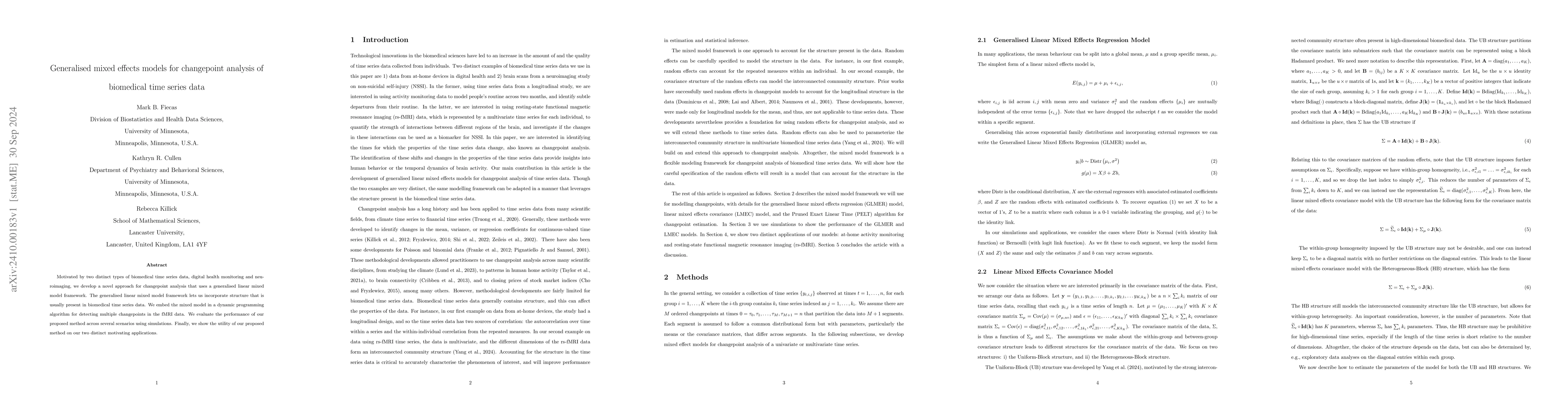 Thumbnail for Generalised mixed effects models for changepoint analysis of biomedical
  time series data