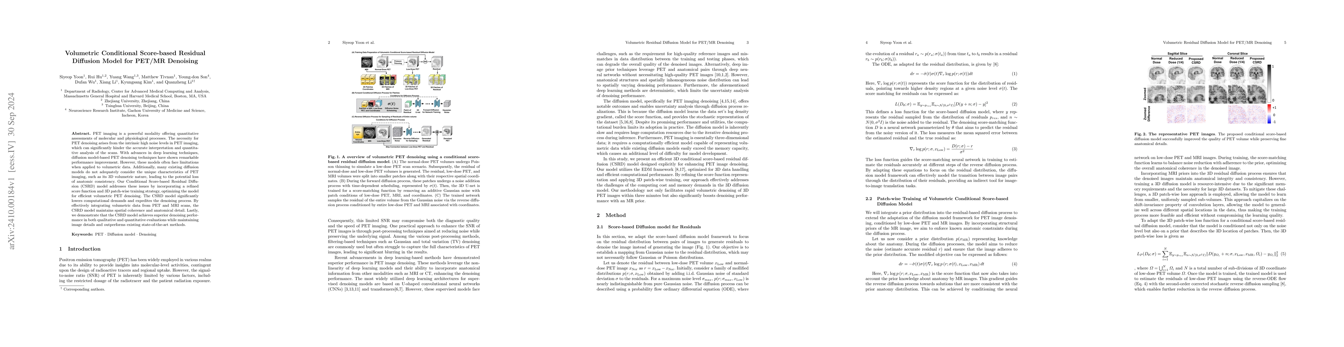Thumbnail for Volumetric Conditional Score-based Residual Diffusion Model for PET/MR
  Denoising