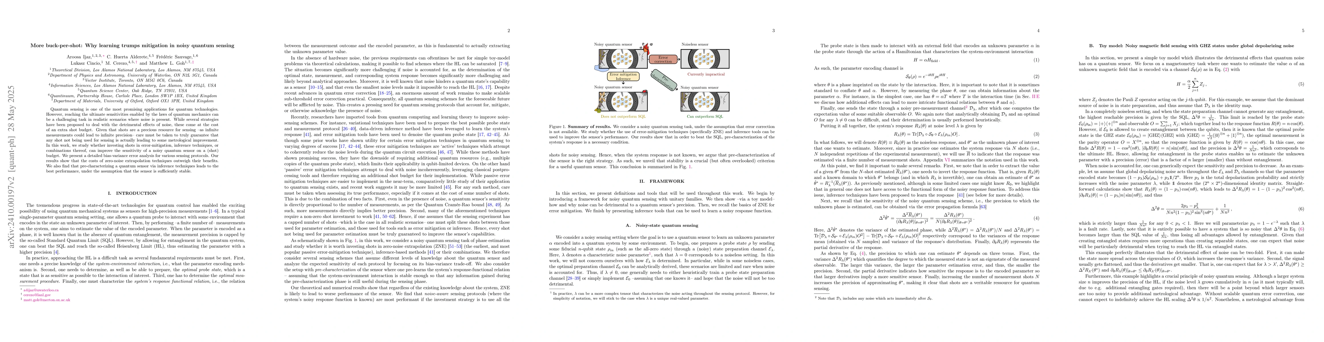 Thumbnail for More buck-per-shot: Why learning trumps mitigation in noisy quantum
  sensing