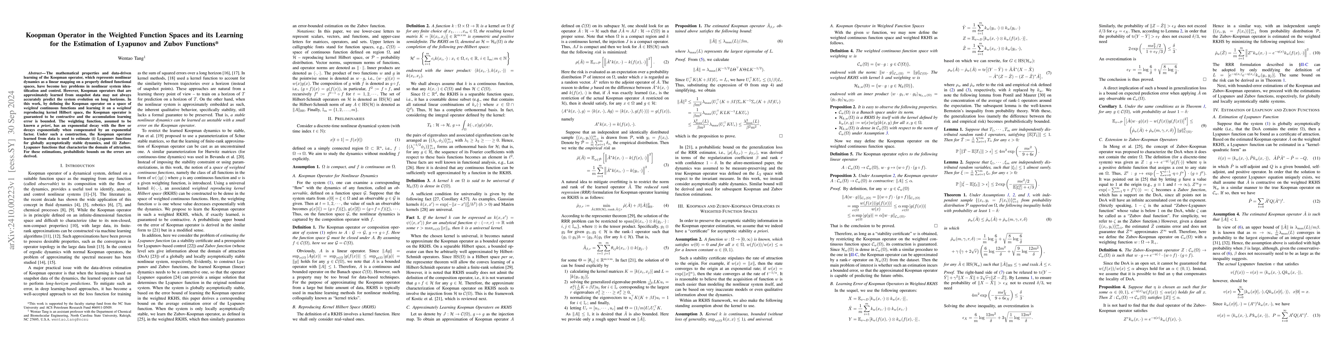 Thumbnail for Koopman Operator in the Weighted Function Spaces and its Learning for
  the Estimation of Lyapunov and Zubov Functions
