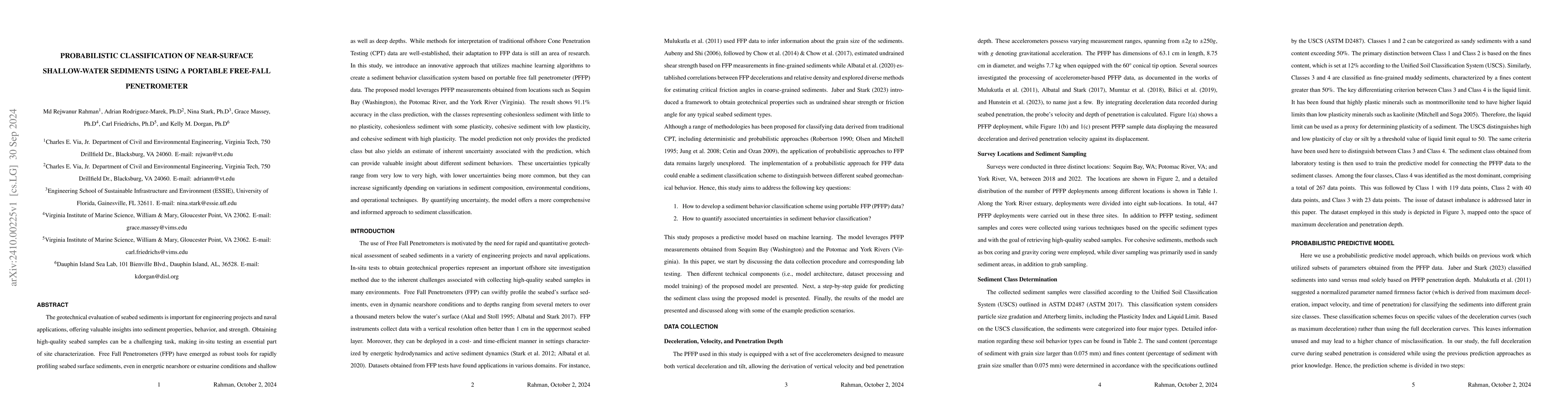 Thumbnail for Probabilistic Classification of Near-Surface Shallow-Water Sediments
  using A Portable Free-Fall Penetrometer