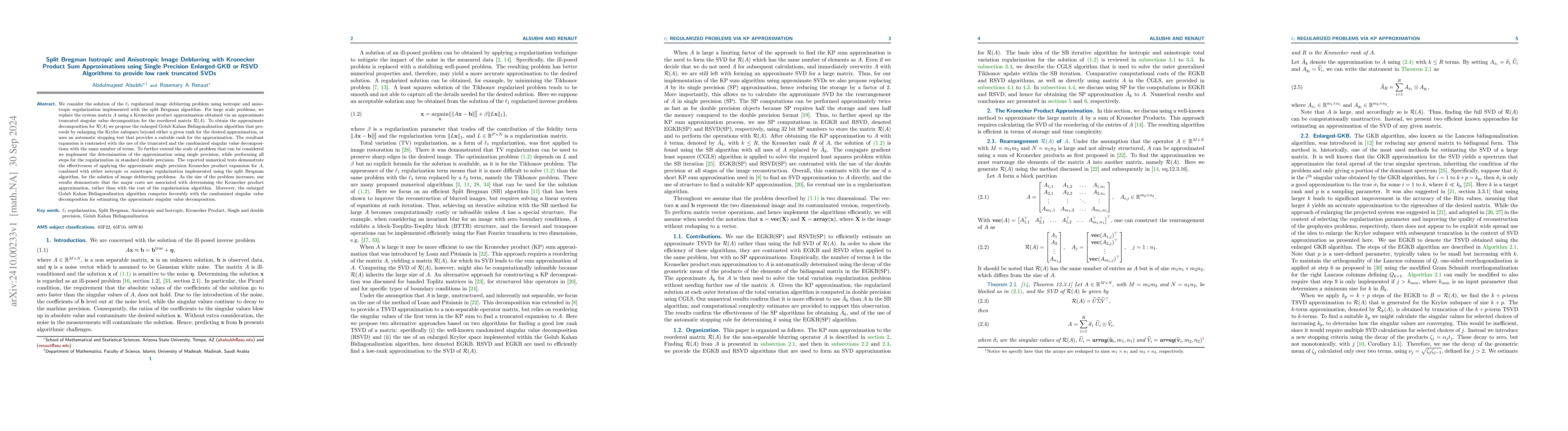 Thumbnail for Split Bregman Isotropic and Anisotropic Image Deblurring with Kronecker
  Product Sum Approximations using Single Precision Enlarged-GKB or RSVD
  Algorithms to provide low rank truncated SVDs