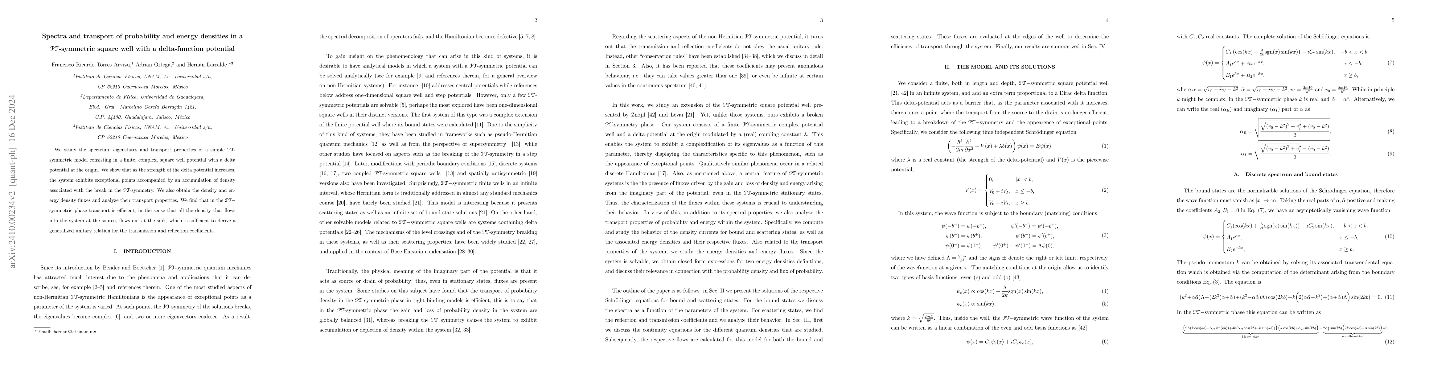 Thumbnail for Spectra and transport of probability and energy densities in a
  $\mathcal{PT}$-symmetric square well with a delta-function potential