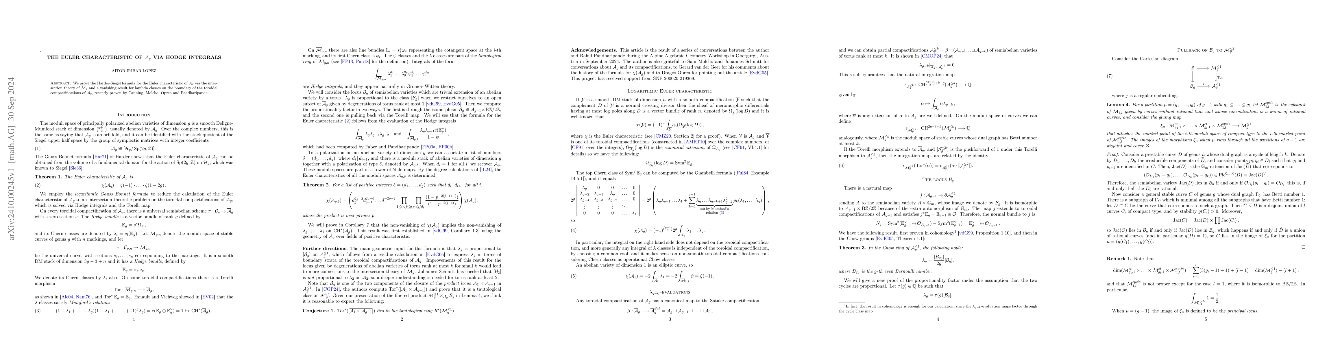 Thumbnail for The Euler characteristic of $\mathcal A_g$ via Hodge integrals