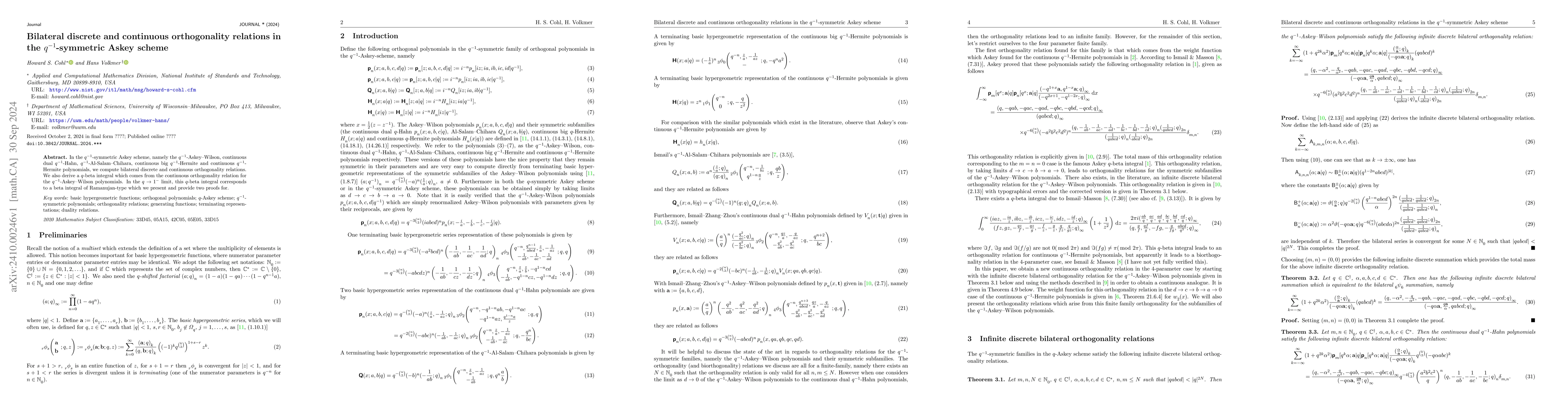 Thumbnail for Bilateral discrete and continuous orthogonality relations in the
  $q^{-1}$-symmetric Askey scheme