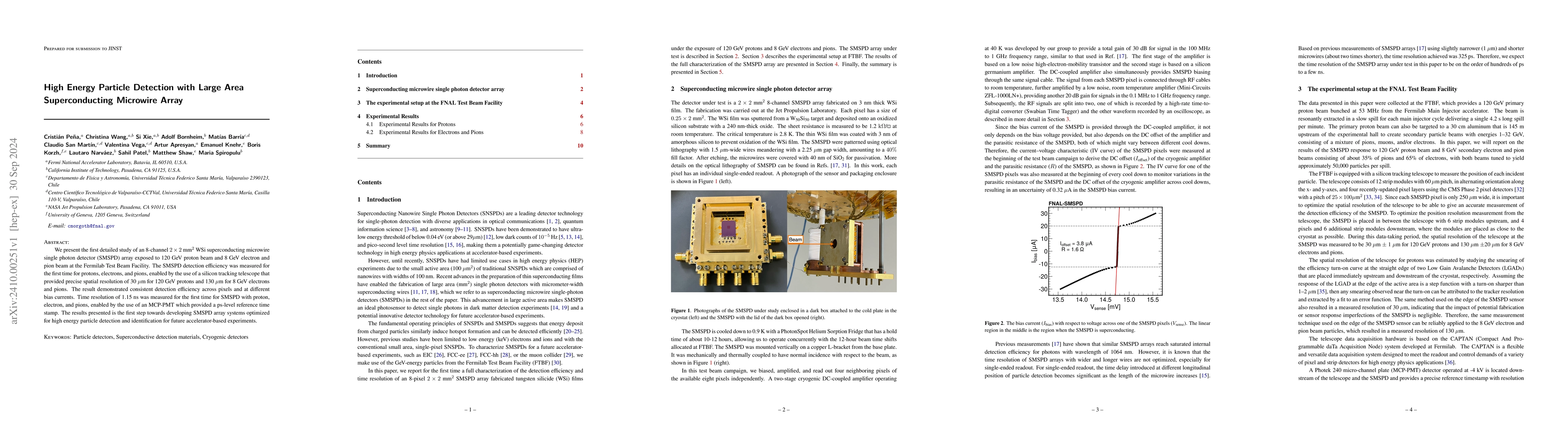 Thumbnail for High Energy Particle Detection with Large Area Superconducting Microwire
  Array