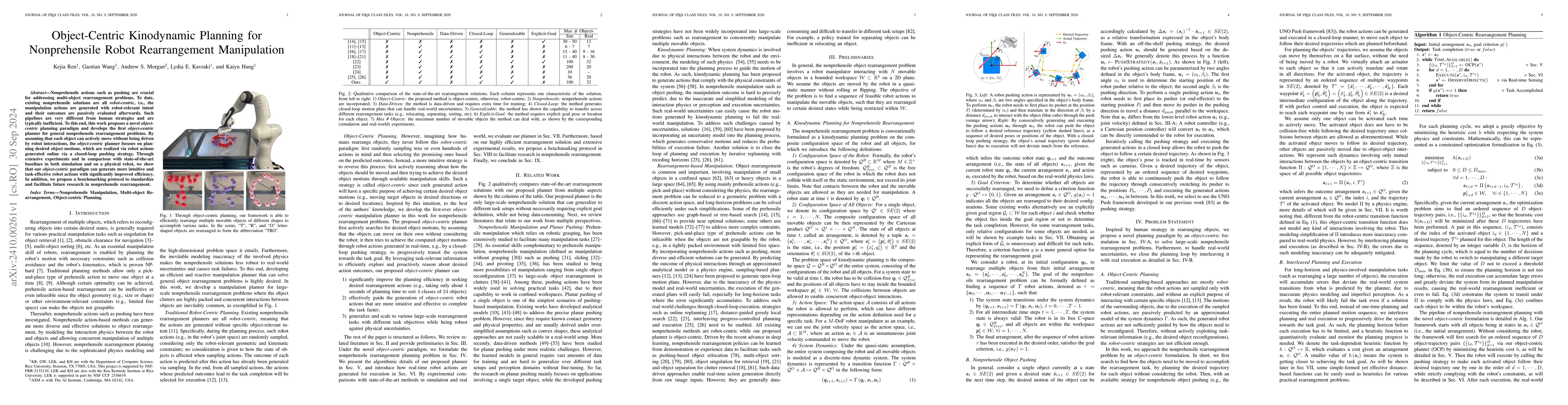Thumbnail for Object-Centric Kinodynamic Planning for Nonprehensile Robot
  Rearrangement Manipulation
