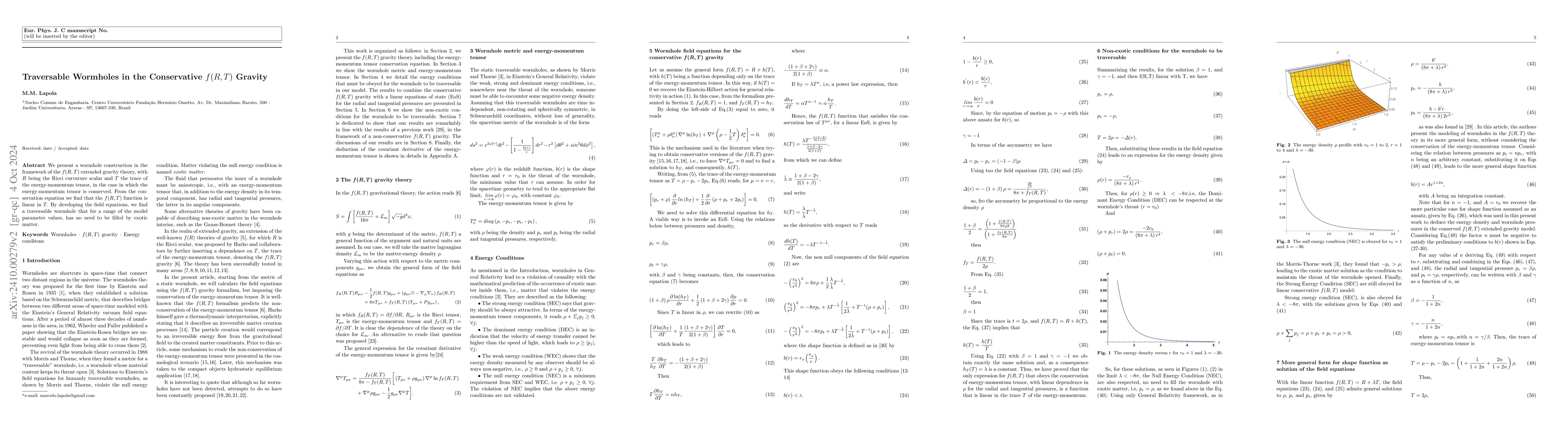 Thumbnail for Traversable Wormholes in the Conservative $f (R, T )$ Gravity