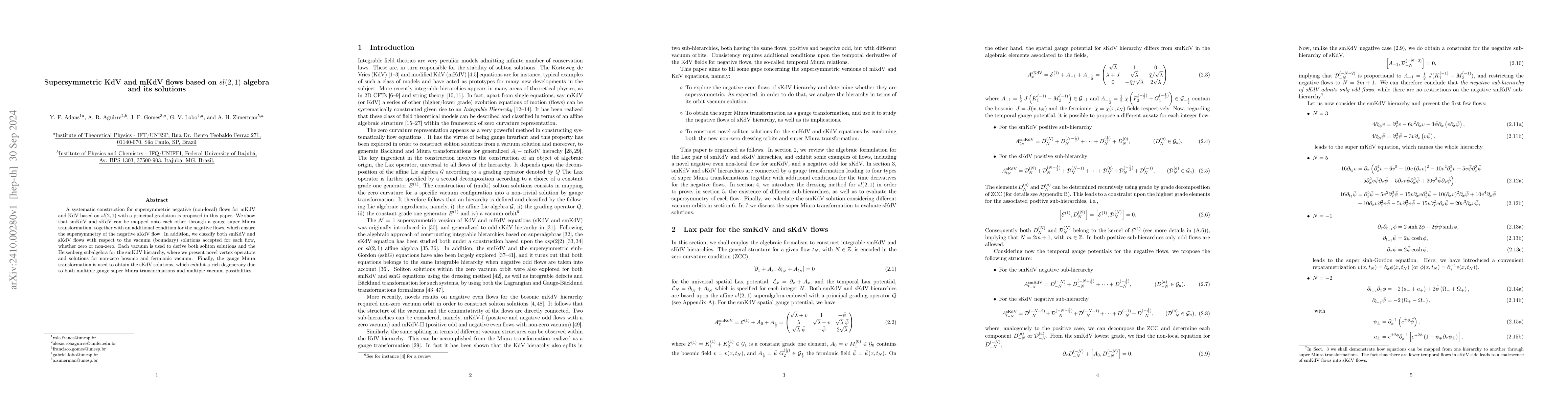 Thumbnail for Supersymmetric KdV and mKdV flows based on $sl(2,1)$ algebra and its
  solutions
