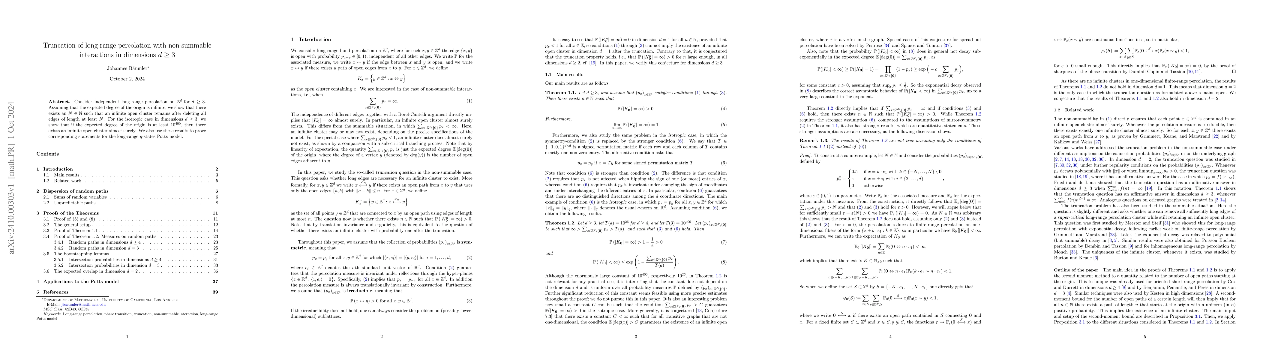 Thumbnail for Truncation of long-range percolation with non-summable interactions in
  dimensions $d\geq 3$