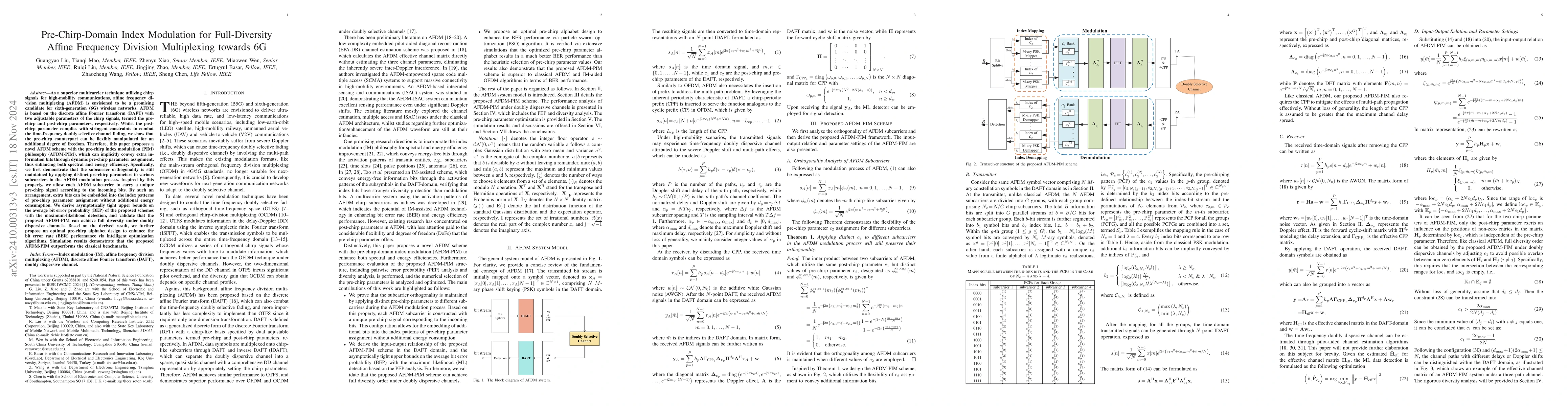 Thumbnail for Pre-Chirp-Domain Index Modulation for Full-Diversity Affine Frequency
  Division Multiplexing towards 6G