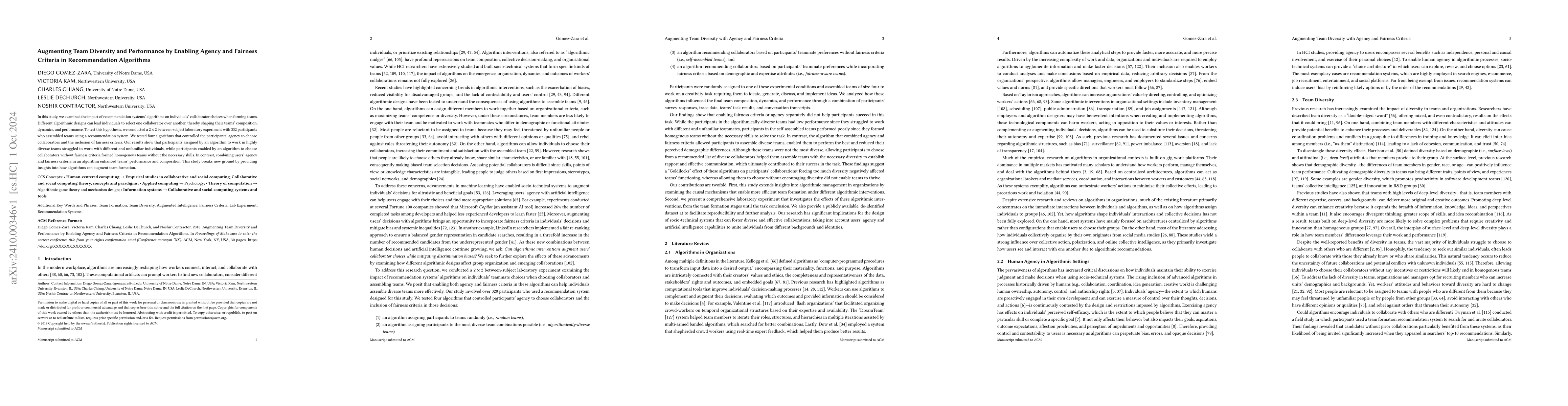 Thumbnail for Augmenting team diversity and performance by enabling agency and
  fairness criteria in recommendation algorithms