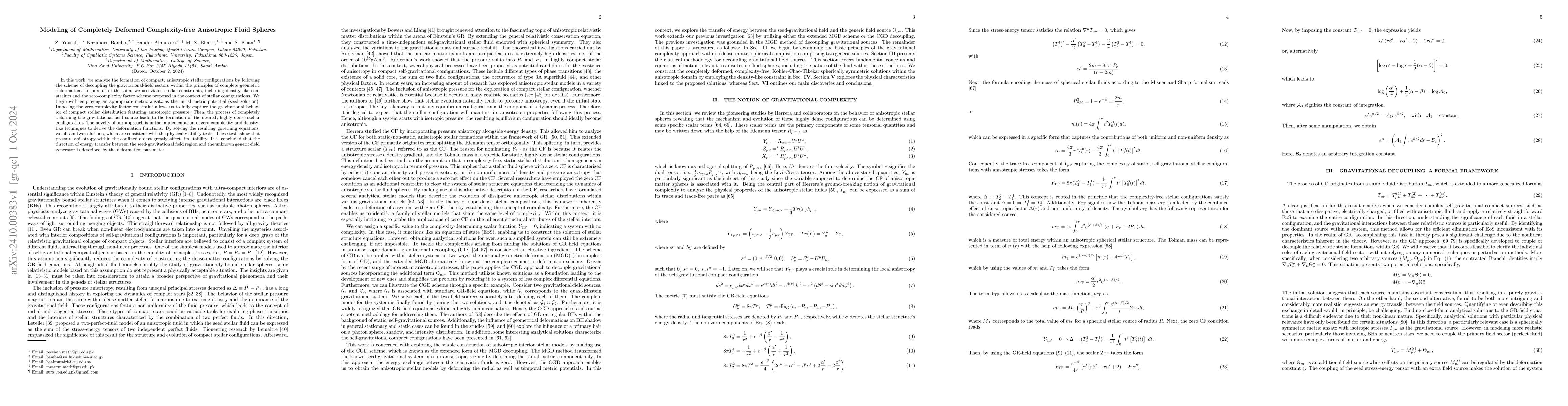 Thumbnail for Modeling of Completely Deformed Complexity-free Anisotropic Fluid
  Spheres