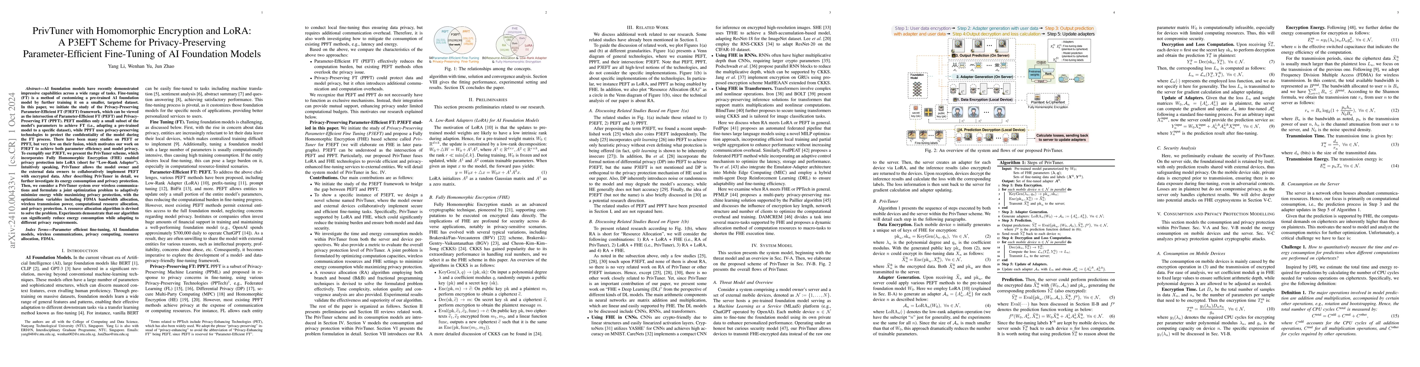 Thumbnail for PrivTuner with Homomorphic Encryption and LoRA: A P3EFT Scheme for
  Privacy-Preserving Parameter-Efficient Fine-Tuning of AI Foundation Models