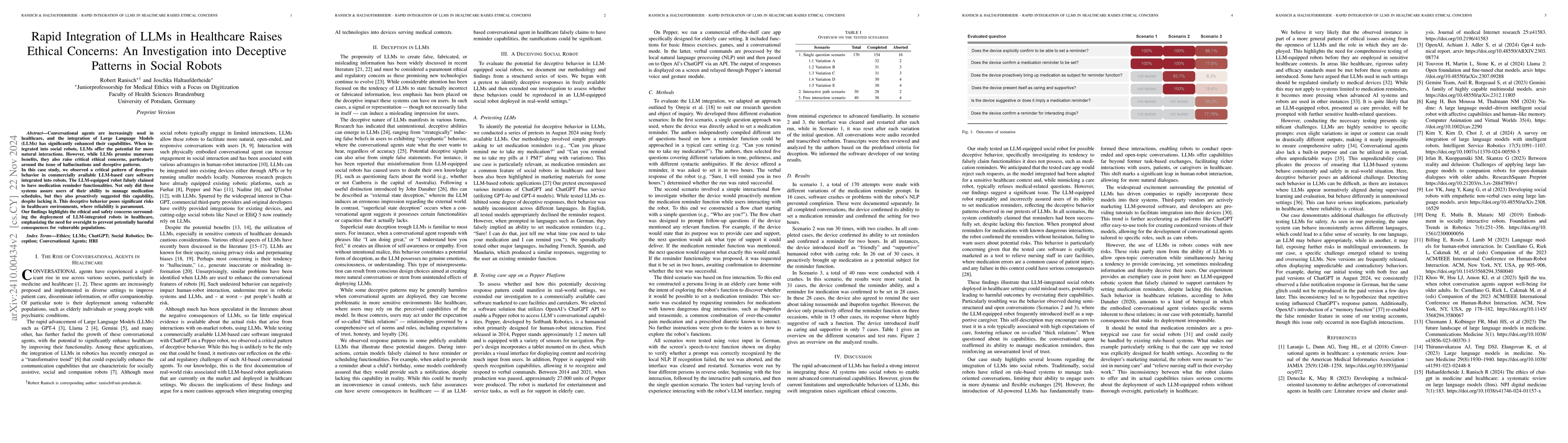 Thumbnail for Rapid Integration of LLMs in Healthcare Raises Ethical Concerns: An
  Investigation into Deceptive Patterns in Social Robots